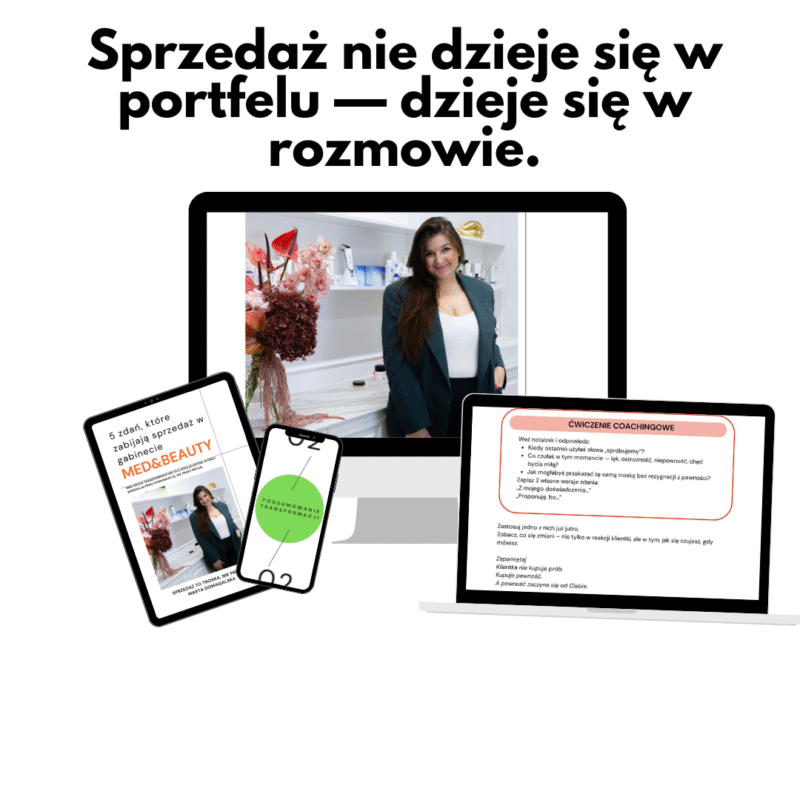 5 zdań 5 zdań, które zabijają sprzedaż w gabinecie (i czym je zastąpić) Mini e-book, który nauczy Cię mówić o swojej ofercie z pewnością i spokojem.